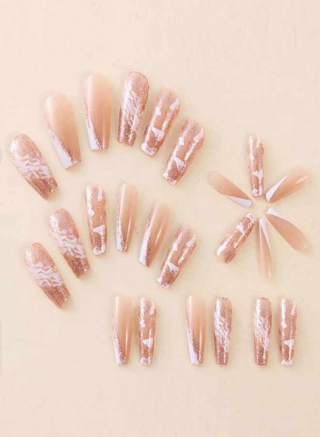 MISUD Press on Nails - Long Coffin Fake Nails with White Ombre, Acrylic Bling Glitter Design 24 pcs - Image 3